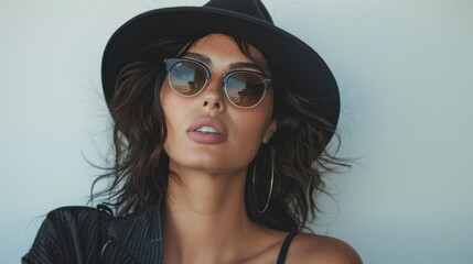 Wall Mural - A stylish woman wearing a chic hat and sunglasses, posing confidently against a white background, showcasing modern fashion