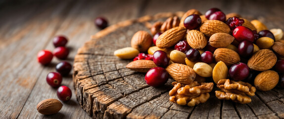 Delicious and healthy snack of mixed nuts and dried cranberries is presented on a rustic wooden background