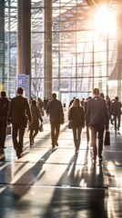 Wall Mural - A group of people walk through a sunny indoor room with long shadows and light coming through the glass. They are dressed in business suits, some carrying bags,