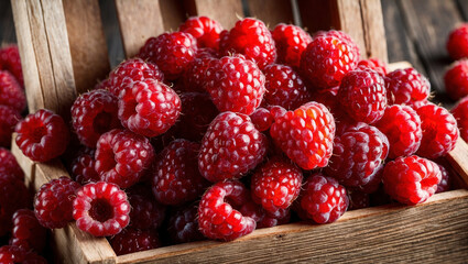 Wall Mural - Red raspberries in a wooden box.