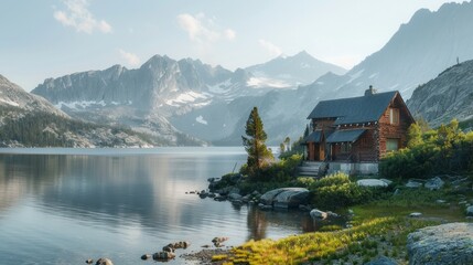 A serene image shows a log cabin by a calm lake with lush greenery, snow-capped mountains, and a clear sky, evoking peace and natural beauty.