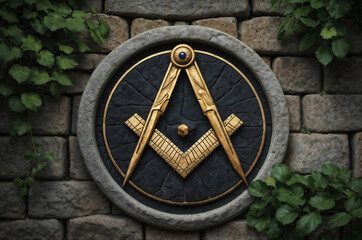 Golden masonic symbol with compass and square on a stone wall, representing the concepts of freemasonry, brotherhood, and secret societies