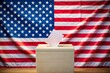 © Tekin - U.S. Elections, ballot box and flag of the United States of America, concept of presidential election, ballot box and US flag, democratic election concept.
