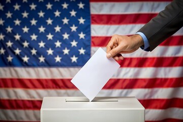 Hand putting his vote into ballot box against national flag of United States