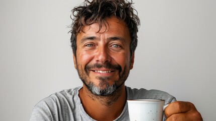 Wall Mural - A man with a joyful smile, holding a cup of coffee against a white background, symbolizing relaxation and comfort.