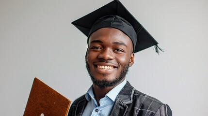 Wall Mural - A man with a bright smile, holding a graduation cap against a white background, celebrating academic achievement