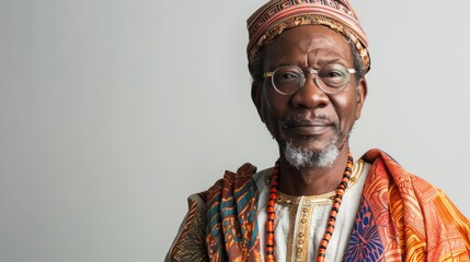 Wall Mural - A man in traditional cultural attire, standing proudly against a white background, celebrating heritage and diversity