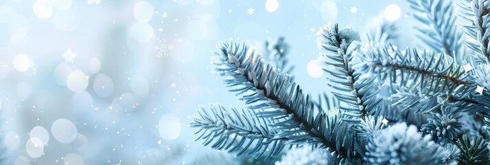 snowy winter banner with pine branches and light blue colors