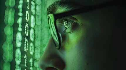 Digital vision code exploration. A close-up view of a person's eye reflecting binary code, suggesting themes of technology, programming, and cyber world.