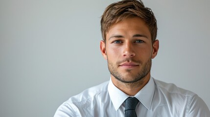 Wall Mural - A man in a formal dress shirt and tie, looking professional and ready for business against a white background