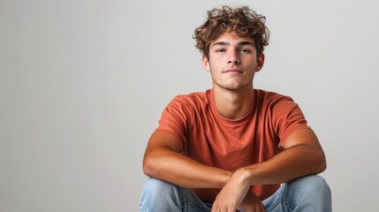 Wall Mural - A man in a casual t-shirt and jeans, sitting relaxed against a white background, perfect for a lifestyle shot