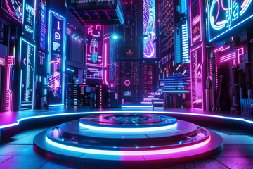 Wall Mural - The image depicts a futuristic city with neon lights and a glowing platform in the center