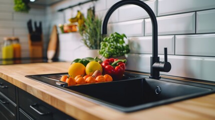 black sink with fruit and vegetables in a modern kitchen interior, sleek black faucet over wooden countertop, white subway tile wall, natural daylight, fresh produce illuminated, close-up