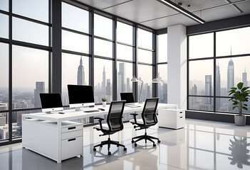 Wall Mural - modern office workspace large windows white furniture minimalist style concrete floor cityscape background high resolution high details vibrant