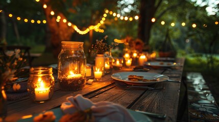 Wall Mural - Outdoor dinner party with candles in glass jars on a wooden table