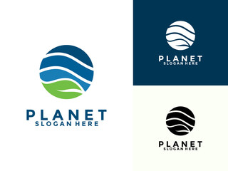 Creative planet with leaf logo design with modern concept, Care Earth logo vector illustration