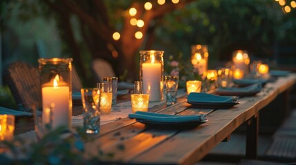 Wall Mural - Outdoor dinner party with candles in glass jars on a wooden table