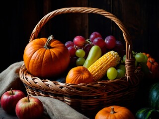 Wall Mural - Different fruits and vegetables in a wicker basket standing on a wooden table with a dark background. Autumn harvest pumpkins, grapes, corn, squash photo illustration.