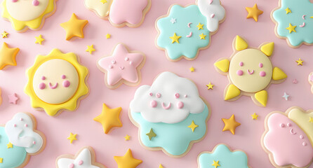 Wall Mural - Cute kawaii cookies with pastel colors and cute shapes, such as stars or suns, arranged on a pink background