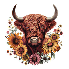 Floral Highland Cow T Shirt Vector Design Transparent