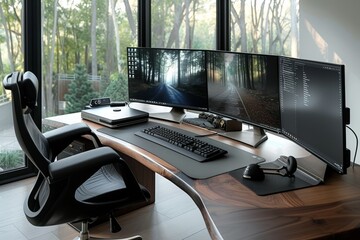 Poster - desk with computer and chair, contemporary home office setup with sleek desk, ergonomic chair, and dual monitor setup