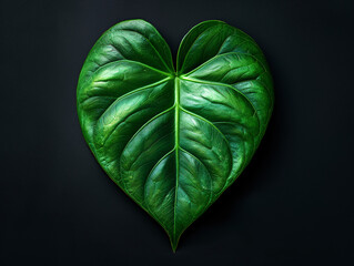 a lush green plant with large leaves, set against a dark background. 