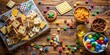 © Sirinporn - Vintage wooden table scattered with colorful game pieces, worn rules booklet, and scattered snacks, capturing the carefree spirit of childhood friendship and playtime.