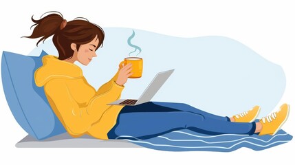 A vector illustration of a person enjoying coffee while working on a laptop, showcasing a relaxed and productive vibe.