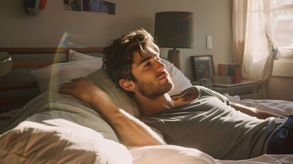 handsome young man stretching in bed during morning time at home. 