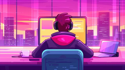 Software engineer coding in city at night, digital technology concept. Internet of Things IoT on background.