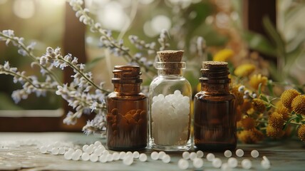 Wall Mural - Homeopathy in small jars. Herbal extract. Selective focus. Generative AI,