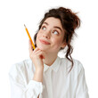 © AI Only - A beautiful woman in white shirt holding a pencil with happy face on transparent background