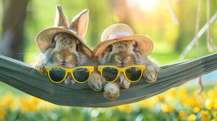 Two cute little baby rabbits wearing sunglasses and sun hats lounging in a hammock. AI generated illustration