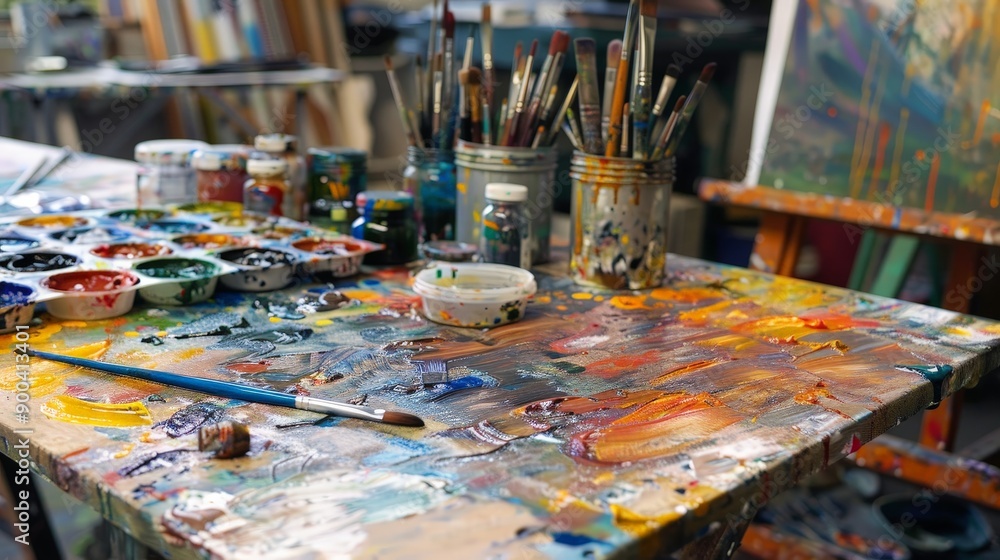 Imagine an art studio table covered in paints and canvases. What ...