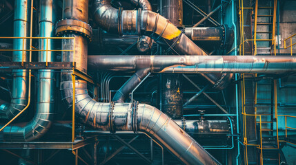 Poster - Complex network of industrial pipes and machinery bathed in cool and warm lighting, showcasing the intricate design of an industrial facility.