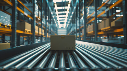 Wall Mural - Boxes glide on a conveyor belt through a well-lit warehouse, illustrating the efficiency of a modern logistics operation.