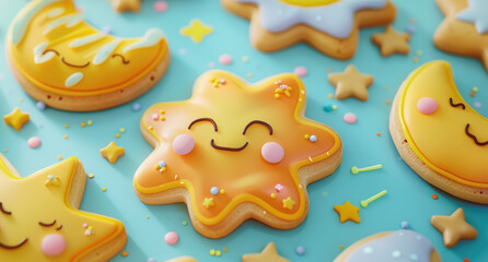 Wall Mural - Cute kawaii cookies with pastel colors and cute shapes, such as stars or suns, arranged on a pink background