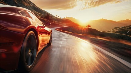 Canvas Print - A sleek, red sports car speeding down a winding mountain road, the sun setting in the background casting a golden hue over the landscape.