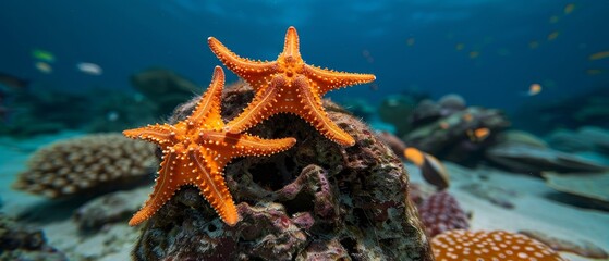 Poster - Two orange starfish are on a rock in the ocean