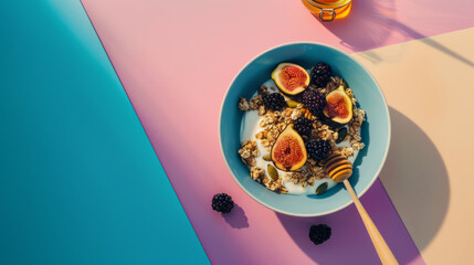 Sticker - A vibrant breakfast setup featuring yogurt, figs, blackberries, granola, and a honey dipper, beautifully presented on a pastel tri-colored background.