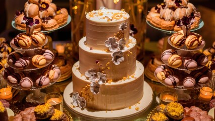 Poster - A wedding cake is displayed on a table with many other desserts, AI