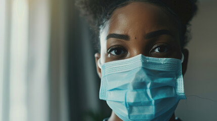 Close-up of a person wearing a face mask, expressing resilience and calm amidst a challenging atmosphere.