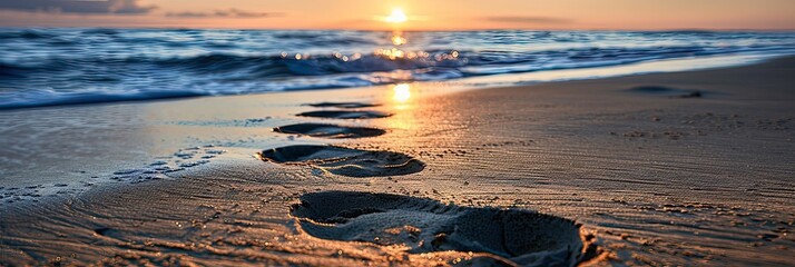 Wall Mural - Footprints in the sand can be seen on the beach as the sun sets