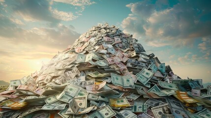 Canvas Print - A towering heap of assorted currency notes, creating a mountain of money. The scene evokes a sense of prosperity and the rewards of hard work and smart investments.