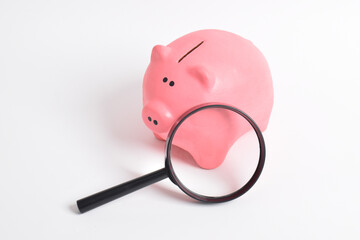 Checking savings fund and saving question. Magnifying glass and pink piggy bank isolated on white background. Copy space for text.