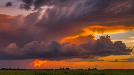 Wall Mural - The sky transitioning from stormy to calm, with vibrant sunset colors blending into the remnants of dark clouds, casting a warm, golden light.