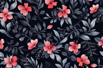 Poster - black and white floral pattern, floral pattern with delicate blossoms and leaves