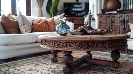 Sticker - Admiring the craftsmanship of a hand-carved wooden coffee table passed down through generations.