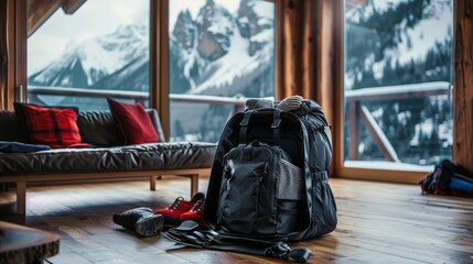 Canvas Print - An open travel bag with neatly packed adventure gear sits on a mountain cabin floor, ready for an outdoor excursion.