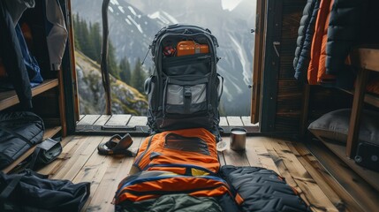 Canvas Print - An open travel bag with neatly packed adventure gear sits on a mountain cabin floor, ready for an outdoor excursion.